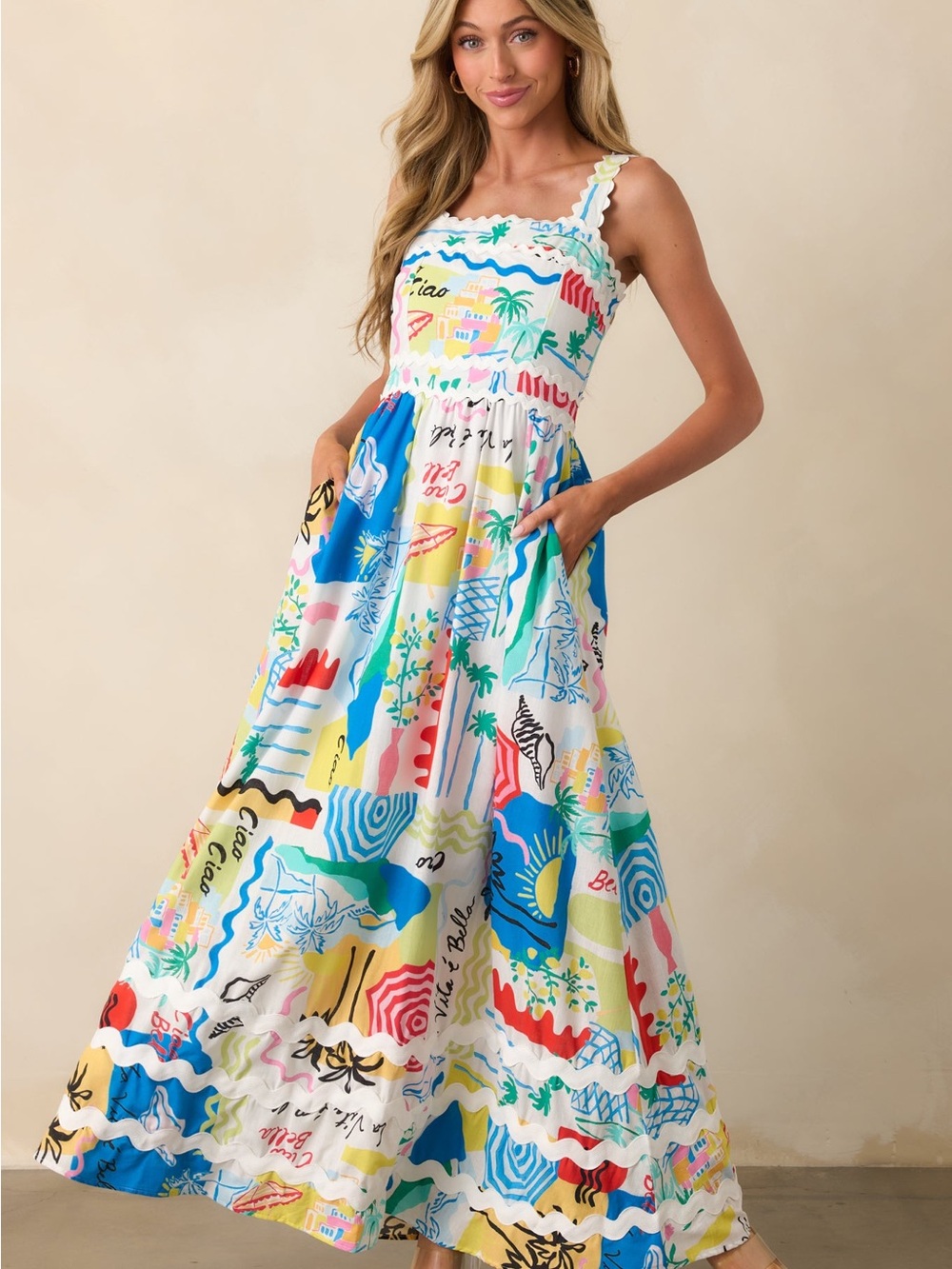 NWT Prosperina Florence Tropical Print Linen Maxi Dress Colorful Ric Rac Trim S - Picture 4 of 7